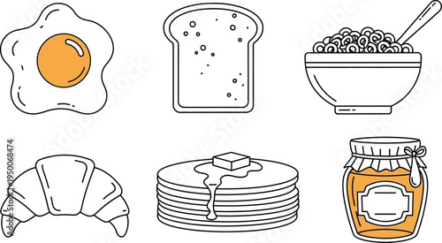 Set of minimalist breakfast food icons featuring outline vector illustrations with orange accents perfect for web design and morning meal concepts