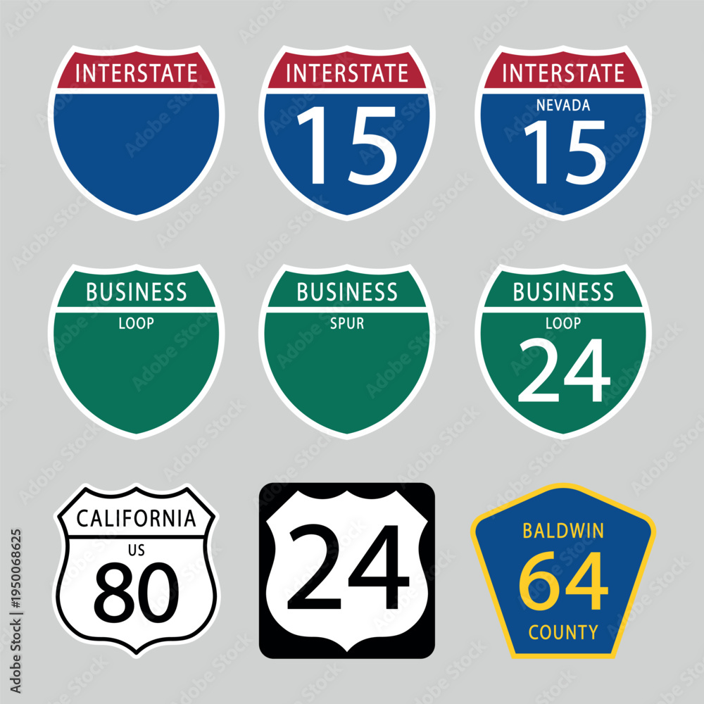Fototapeta premium USA interstate county road signs set. Vector