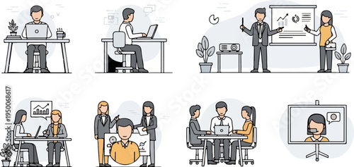 Business meeting scenes, people working and presenting in office settings