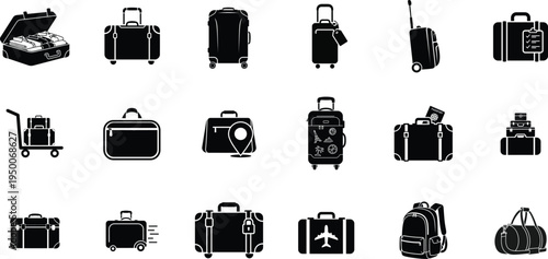 Collection of various luggage open suitcase with clothes, trolley suitcase, luggage with tags, travel backpack, locked suitcase silhouette images