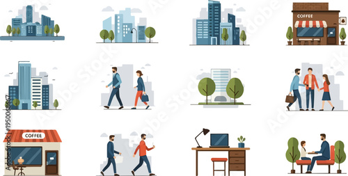 City life with buildings, people walking, coffee shop, desk, and seating