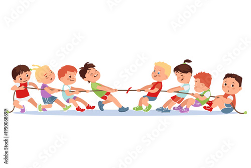 Children playing tug of war in a colorful outdoor setting  