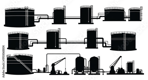 Silhouette of Industrial Oil Storage Tanks and Pipelines.
