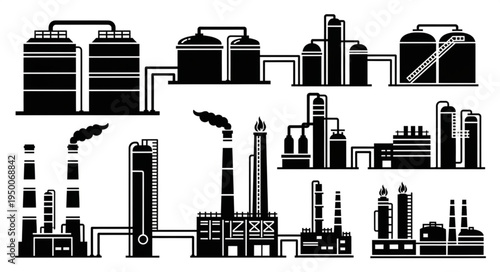 Industrial Plant Silhouettes - A Detailed Vector Illustration of Factories and Refineries.