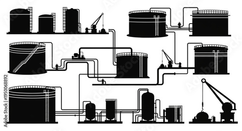 Silhouette of an industrial oil refinery plant with storage tanks and pipelines.