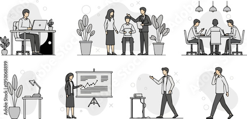 Business team collaborating, presenting, and working in office settings