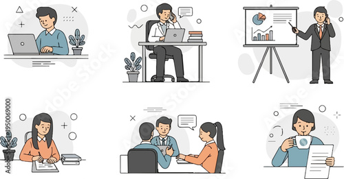 Office scenes people working on laptops, presenting, meeting, and enjoying coffee