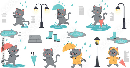 Cute cartoon cat characters playing in rainy weather with umbrellas and puddles, adorable kitten set with raincoat, boots, street lamp and city elements vector illustration