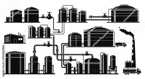 Detailed Silhouette of an Industrial Oil Refinery Plant.