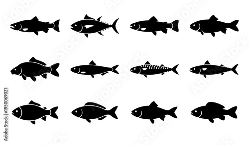 Fish icon set black and white seafood silhouette vector collection