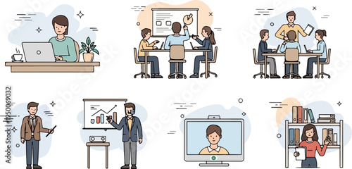 Colleagues collaborate in meetings, present data, and work individually