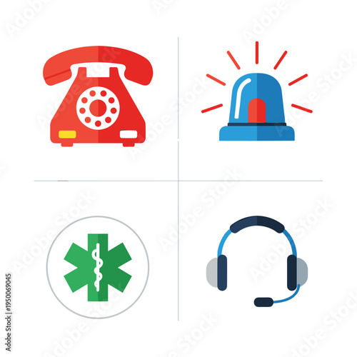 Emergency Services Icons - Phone, Siren, Medical Symbol, and Headset.