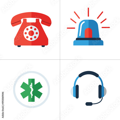 Emergency services and communication icons for urgent assistance and support.