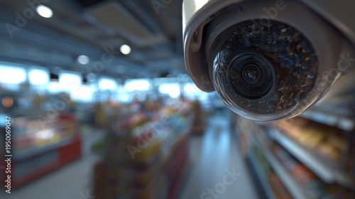 Close up security camera monitoring retail store interior, ensuring constant surveillance, loss prevention, and customer safety in a blurred supermarket environment
