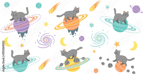 Cute cartoon cats exploring colorful planets in outer space with stars, comets and galaxies, playful kitten astronaut fantasy universe vector illustration for kids