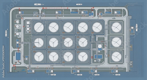 Aerial View of Industrial Facility with Circular Tanks and Infrastructure.