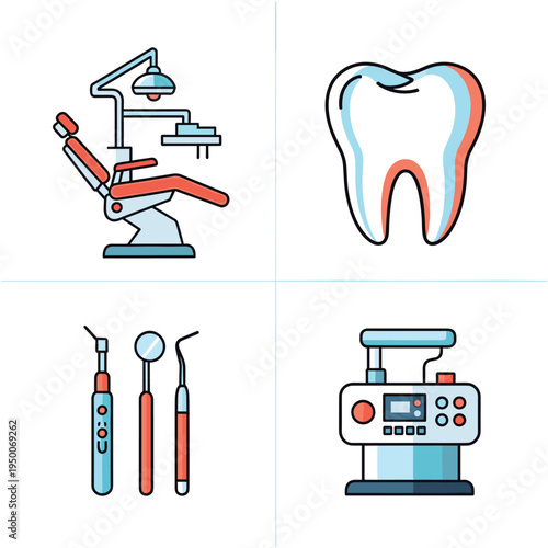 Professional dental office equipment and instruments icons set.