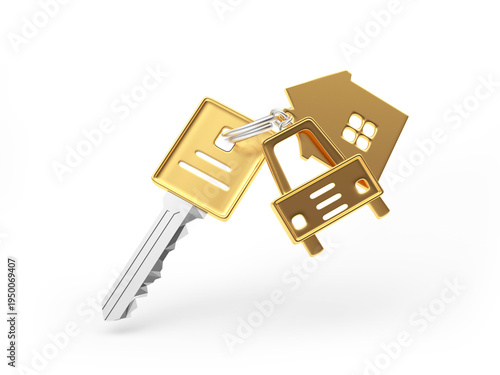 Key with house and car keychains isolated on white. 3D illustration.