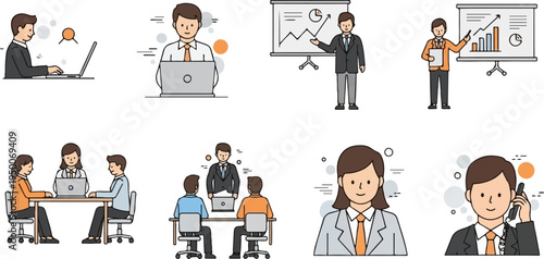 Business professionals collaborate, present data, and communicate in various office settings