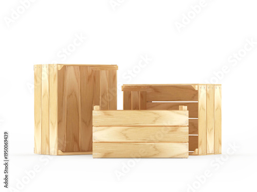 Three empty wooden boxes isolated on white. 3D illustration.