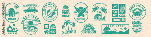 Retro surf club badge collection with ocean waves, palm trees, and tropical sun. Vintage vector emblems for t-shirt prints, beachwear design, summer logos, and coastal branding projects.