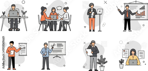 Flat design icons depicting people in various office and presentation scenarios