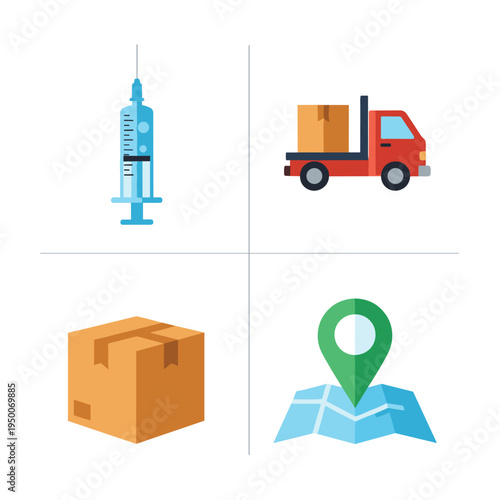 Vaccine delivery and logistics icon set for medical shipping.