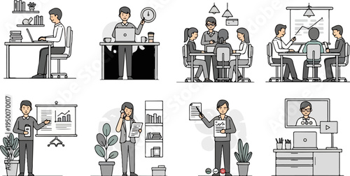 Diverse office scenes illustrating teamwork, individual tasks, and presentations