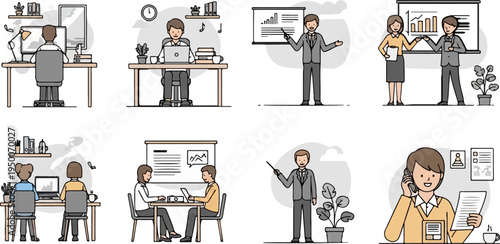 Diverse office scenes depicting collaboration, presentations, and individual work (13)