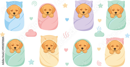 Cute sleeping puppy wrapped in pastel baby swaddles with hearts, stars and clouds, adorable dog nursery character collection for kids bedtime vector illustration