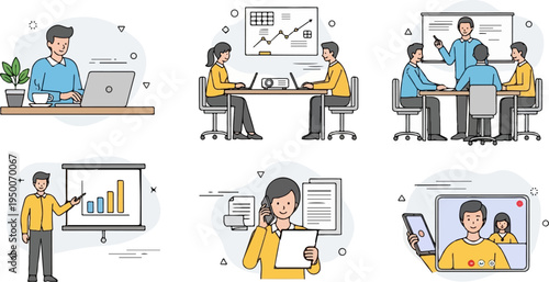 Diverse office scenarios including work, meetings, presentations, and remote calls