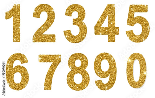 Gold Glitter Numbers Set Vector Sparkling Golden Numerals 0 To 9 Luxury Shiny Alphabet Digits Glitter Texture Illustration