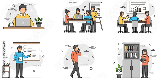 Diverse business scenes showing teamwork, presentations, and individual work