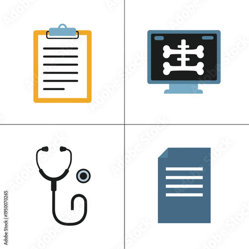 Medical Icons Collection - Clipboard, X-ray Monitor, Stethoscope, and Document.