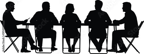 business meeting silhouette group discussion team office conference people sitting table talking professional black vector illustration figures