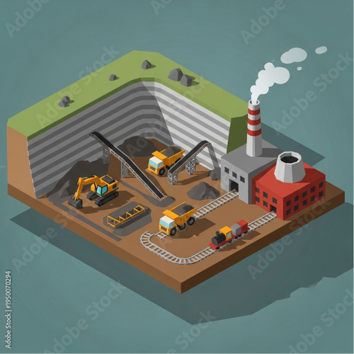 Isometric coal mine with excavator trucks and factory.