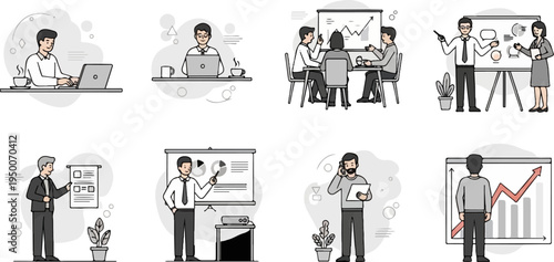 Diverse business scenarios showing collaboration and individual work