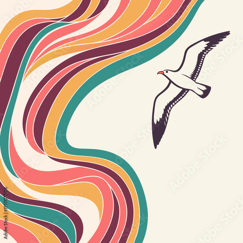 Seagull flying gracefully over a soft abstract background with flowing colorful waves in retro style with white background with line art