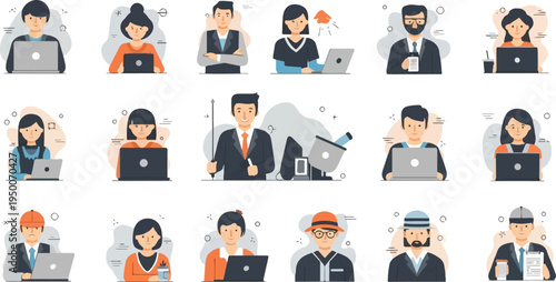 Diverse professionals, illustrated as avatars, work with laptops and engage in various tasks
