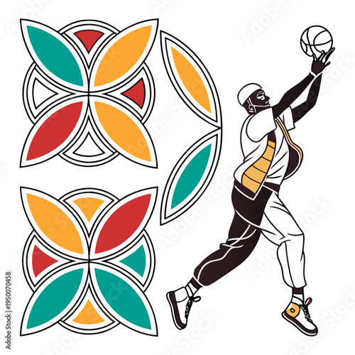 African man playing basketball, jumping with ball, alongside geometric decorative patterns, slam dunk