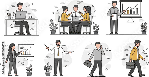 Diverse professionals collaborating and presenting in a minimalist office environment