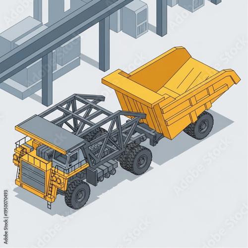 Isometric illustration of a large yellow mining dump truck.