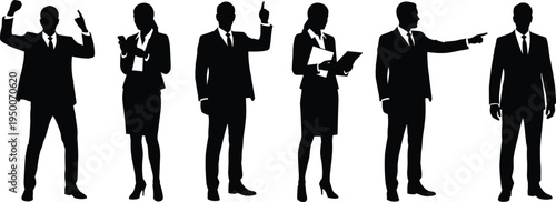 Business professional silhouettes, corporate figures collection, office attire poses, workplace gestures 