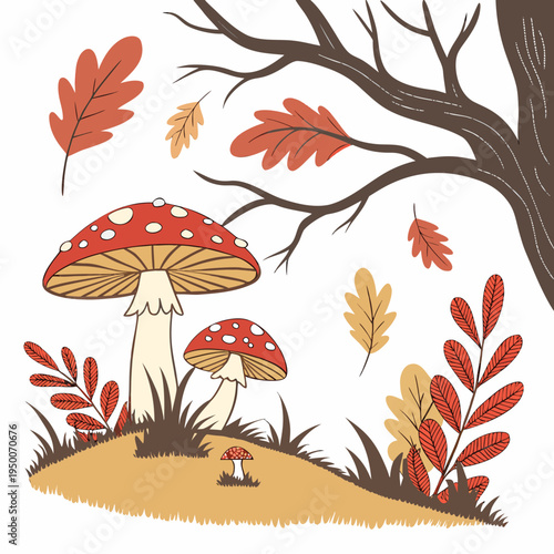 Autumn woodland scene with large mushroom, fallen leaves, and grassy mound, fall foliage, fall theme, autumn season, nature art, fall colors, seasonal decor