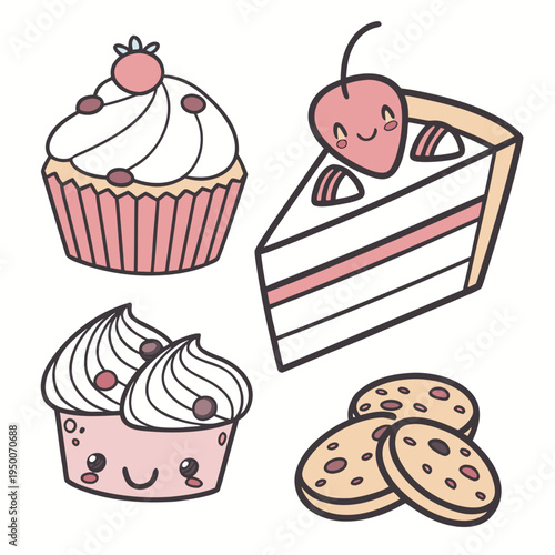 Fotografie Kawaii desserts: smiling cupcake, cake slice, and cookies with cute faces, white