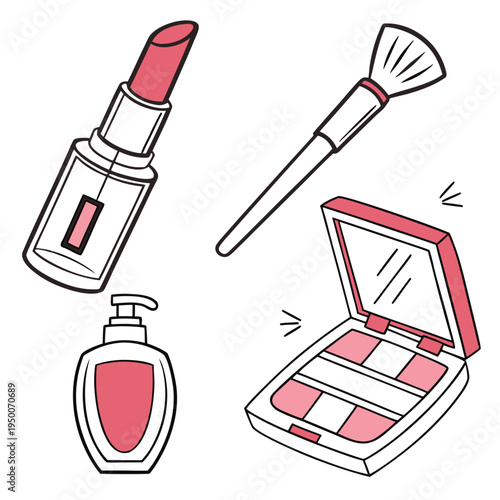 Cosmetics and makeup illustration: lipstick, brush, foundation, and powder compact, white background, flat design, beauty products, personal care, makeup artist