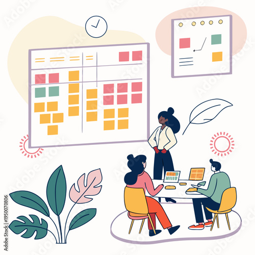 Team collaboration meeting with kanban board and sticky notes - agile project management illustration with task management with flat design with business meeting