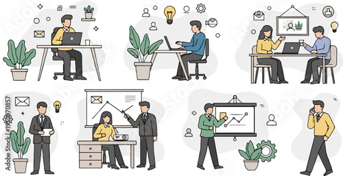 Business team collaborating in modern office, presenting data, and working on laptops