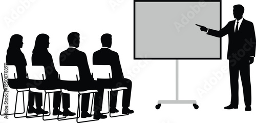 Business presentation silhouettes, corporate training figures, educational lecture scene, speaker pointing screen, audience seated silhouettes, communication illustration, black figures collection