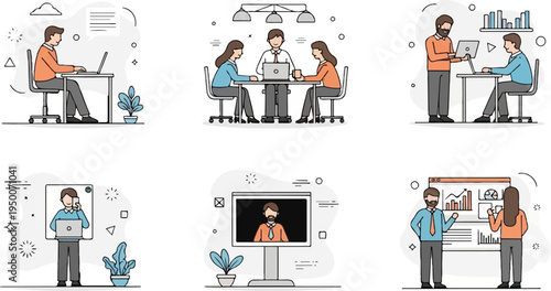 Colleagues collaborating on projects in various office settings and remote communication scenarios